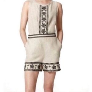 Ann Taylor Loft Beige Linen Embroidered Sleeveless Romper